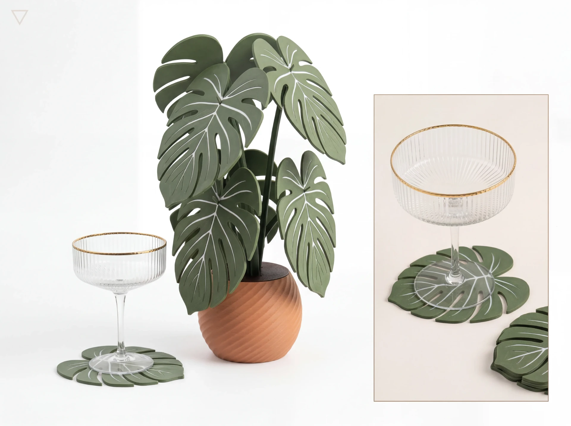 Vaso terracota com folhas verdes ao lado de uma taça apoiada sobre uma folha